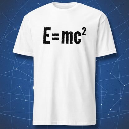Einstein equation T-shirt – black E=mc² print on white cotton shirt.