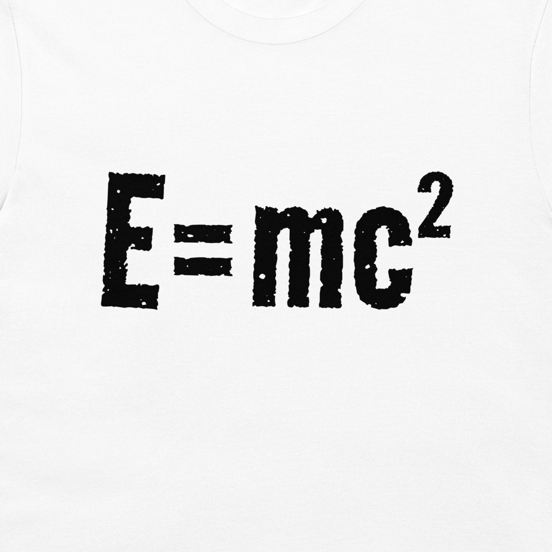 White t-shirt featuring the black distressed text 'E=mc²' printed on the chest.