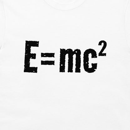 White t-shirt featuring the black distressed text 'E=mc²' printed on the chest.