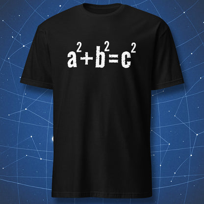 Black T-shirt with the Pythagorean theorem printed in distressed white text: a² + b² = c².
