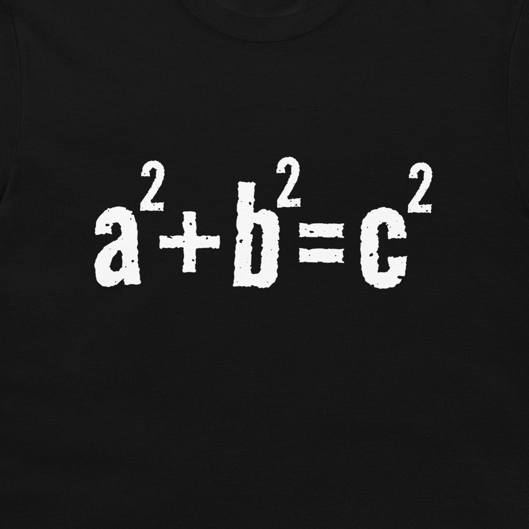 A close-up of a black t-shirt, featuring a distressed white graphic print of the Pythagorean theorem equation: a² + b² = c².
