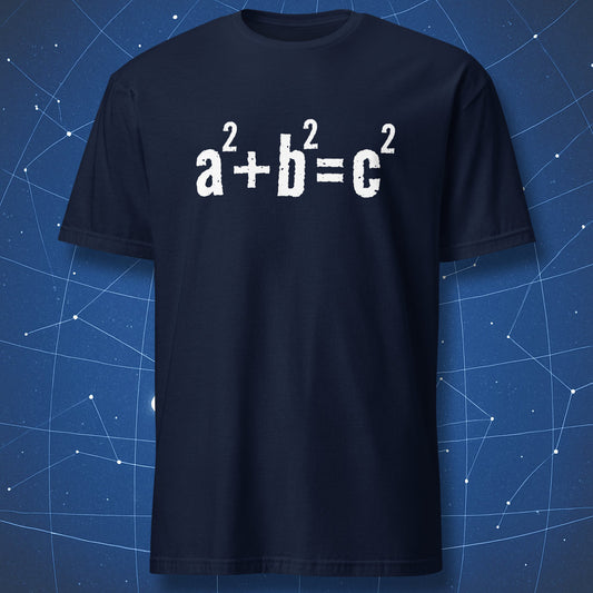 Navy T-shirt with the Pythagorean theorem printed in distressed white text: a² + b² = c².