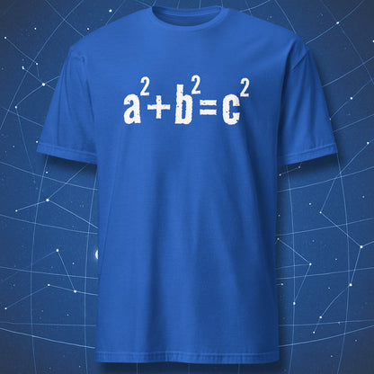Royal blue T-shirt with the Pythagorean theorem printed in distressed white text: a² + b² = c².