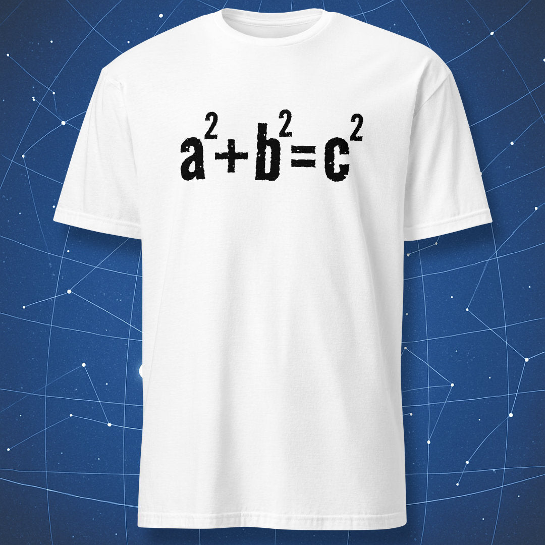 White T-shirt with the Pythagorean theorem printed in distressed black text: a² + b² = c².