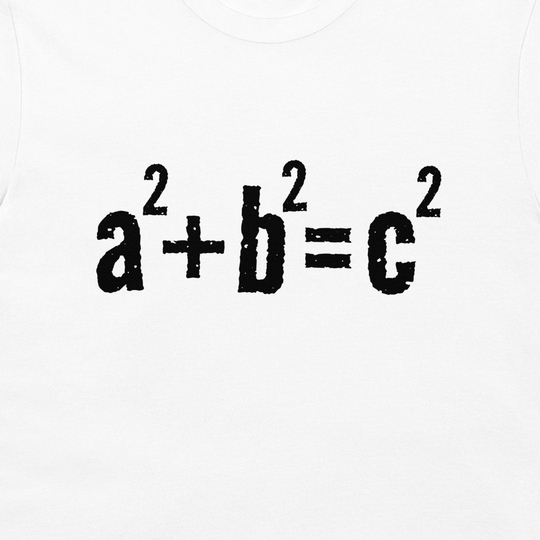 White crewneck t-shirt featuring the mathematical equation 'a squared plus b squared equals c squared' printed in a distressed black font across the chest.