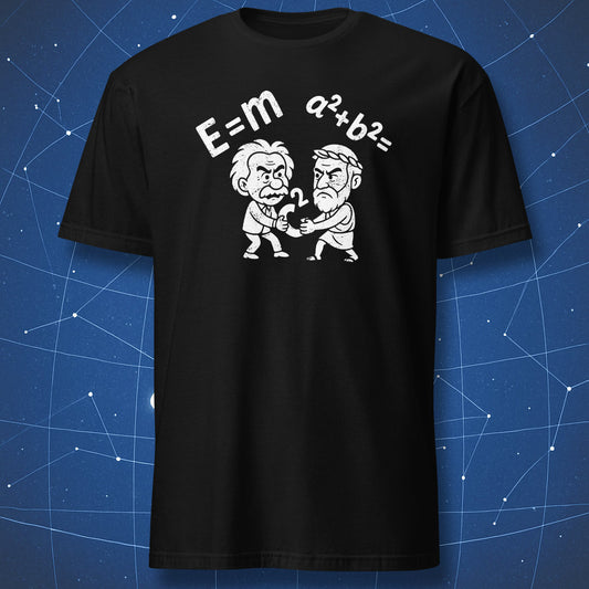 Black T-shirt featuring cartoon Einstein and Pythagoras fighting over the c² symbol with E=m and a²+b²= above them.