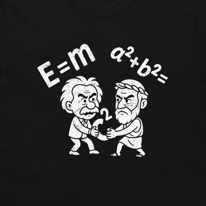 A close-up of a black t-shirt, featuring a white graphic print of a cartoon Einstein and a philosopher fighting over 'c²', with the equations 'E=m' and 'a²+b²=' above them.