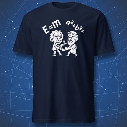 Navy blue T-shirt with humorous Einstein vs Pythagoras cartoon tugging over c² exponent.