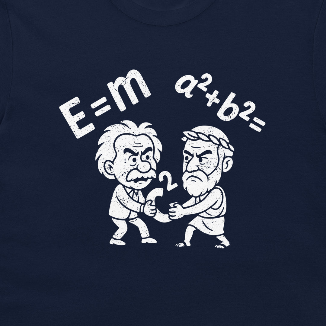 A close-up of a black garment, likely a t-shirt, featuring a white graphic print of a cartoon Einstein and a philosopher fighting over 'c²' with the equations 'E=m' and 'a²+b²=' above them.