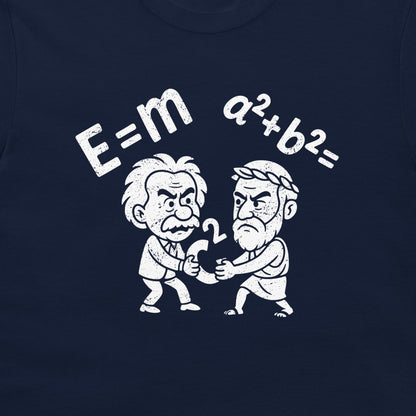 A close-up of a black garment, likely a t-shirt, featuring a white graphic print of a cartoon Einstein and a philosopher fighting over 'c²' with the equations 'E=m' and 'a²+b²=' above them.