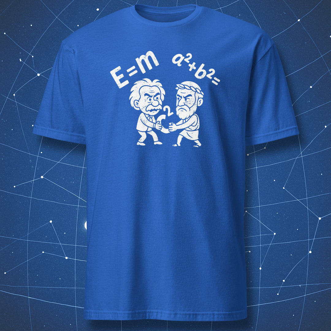 Royal blue T-shirt showing Einstein and Pythagoras pulling on the c² symbol in a funny math-science design.