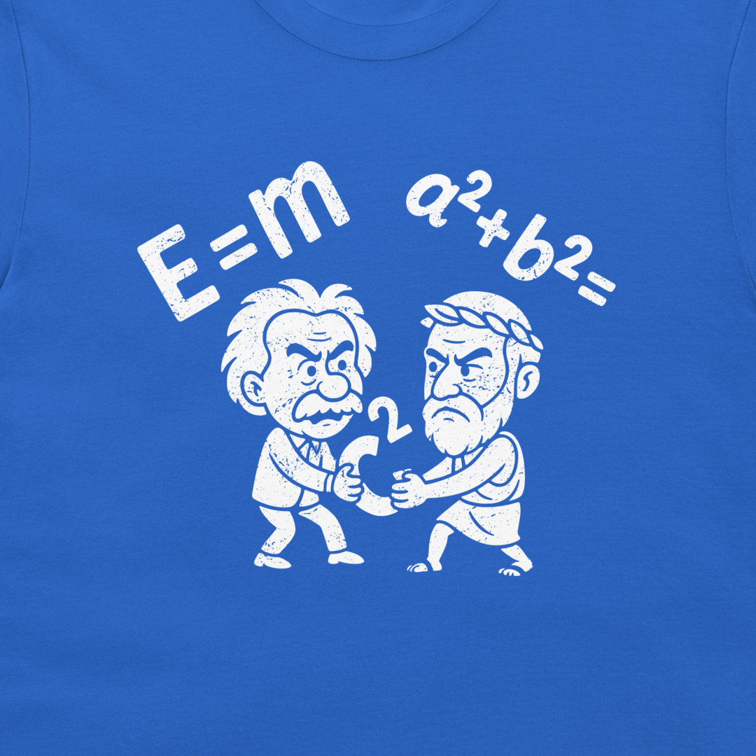 A close-up of a royal blue t-shirt featuring a white graphic print. The design shows a cartoon depiction of Albert Einstein and Pythagoras fighting over 'c²', with the equations 'E=m' and 'a²+b²=' printed above them in a distressed white font.