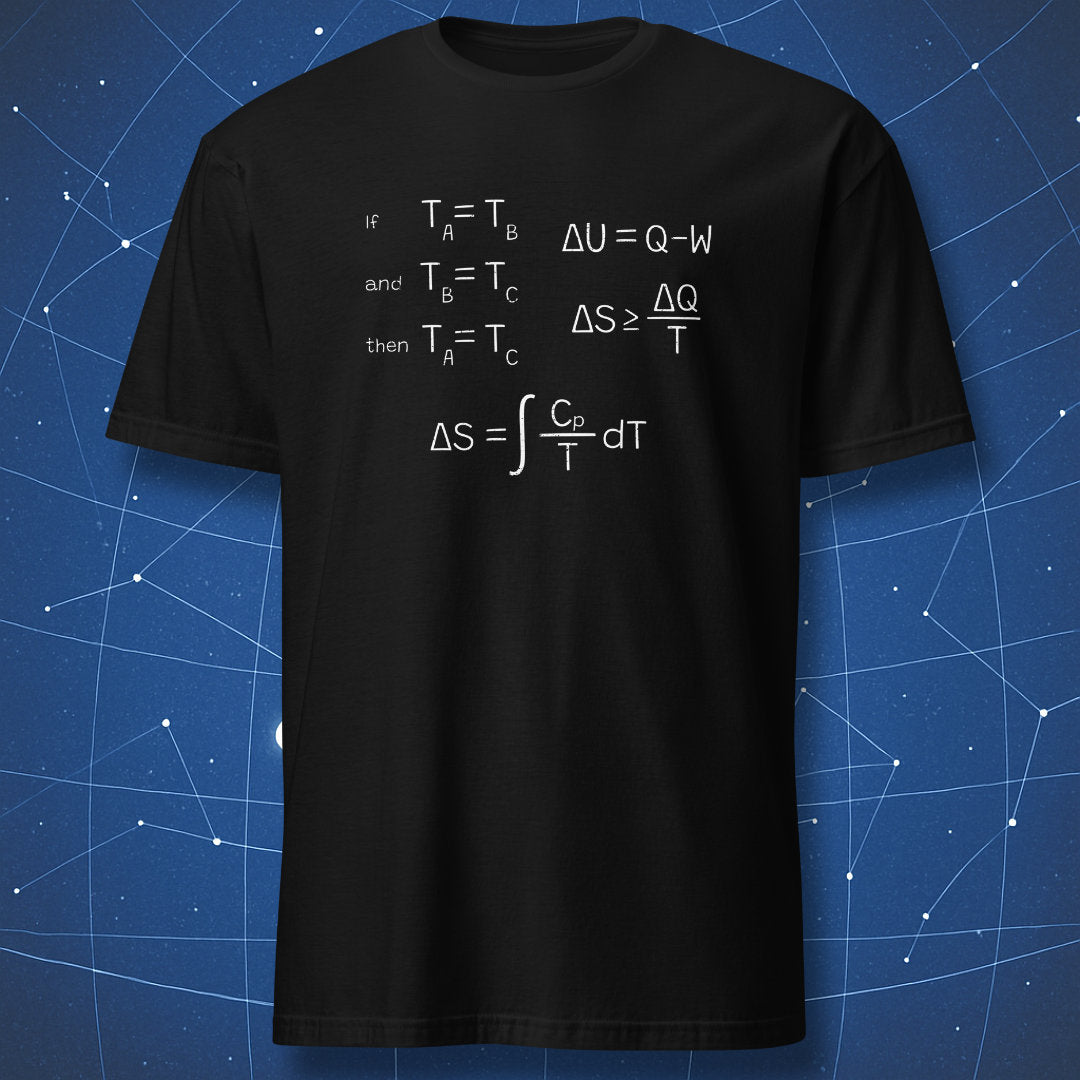 Black t-shirt with white thermodynamics equations graphic, including ΔU=Q−W, ΔS≥ΔQ/T, and entropy integral.