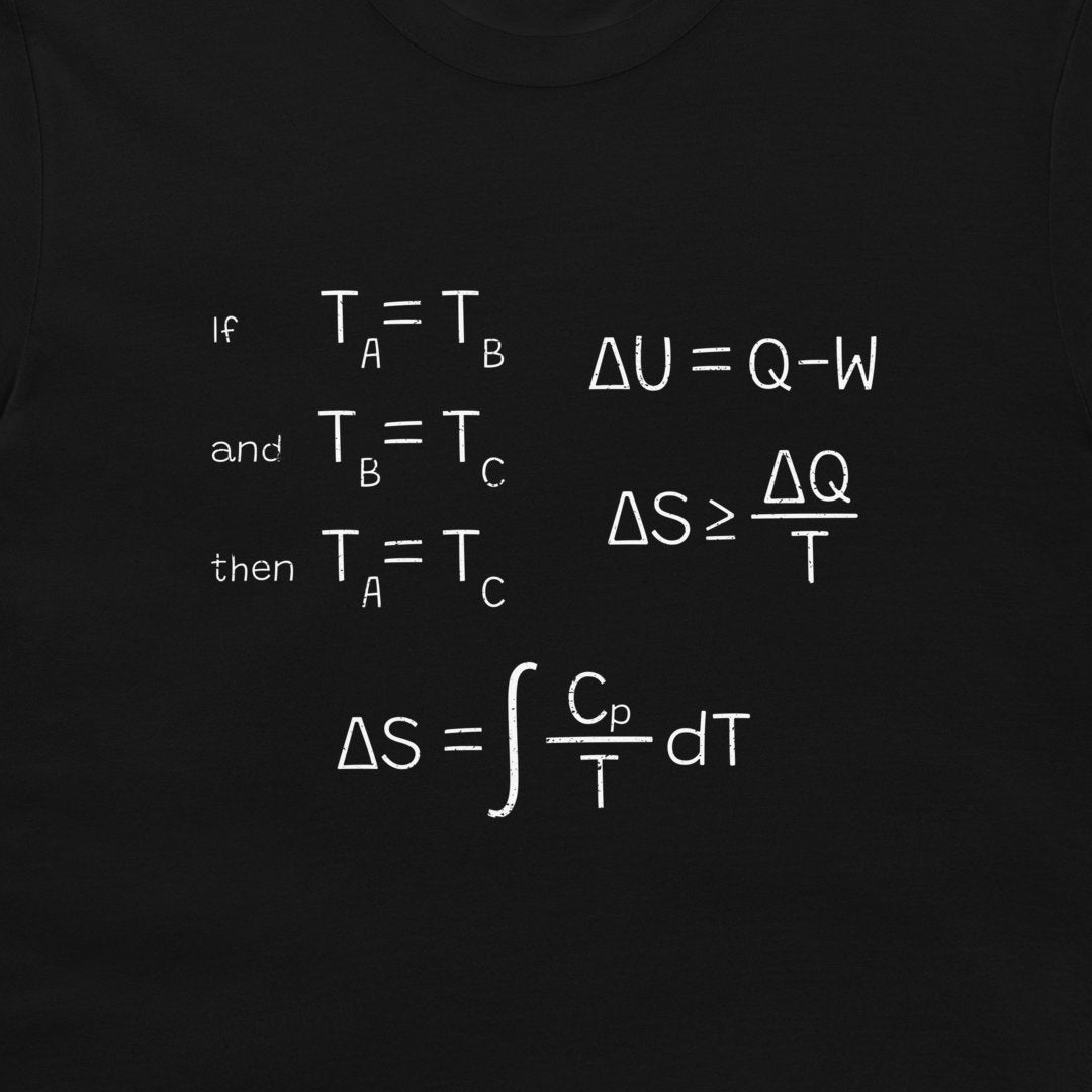 A close-up of a black garment, likely a t-shirt, featuring a white printed thermodynamics formula diagram on the chest.