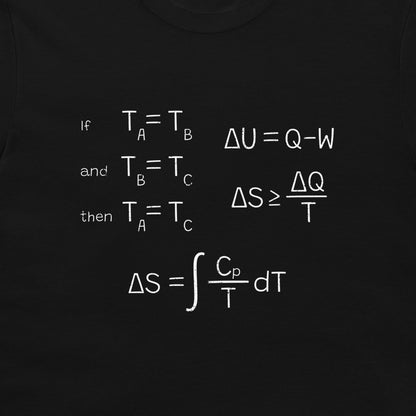 A close-up of a black garment, likely a t-shirt, featuring a white printed thermodynamics formula diagram on the chest.