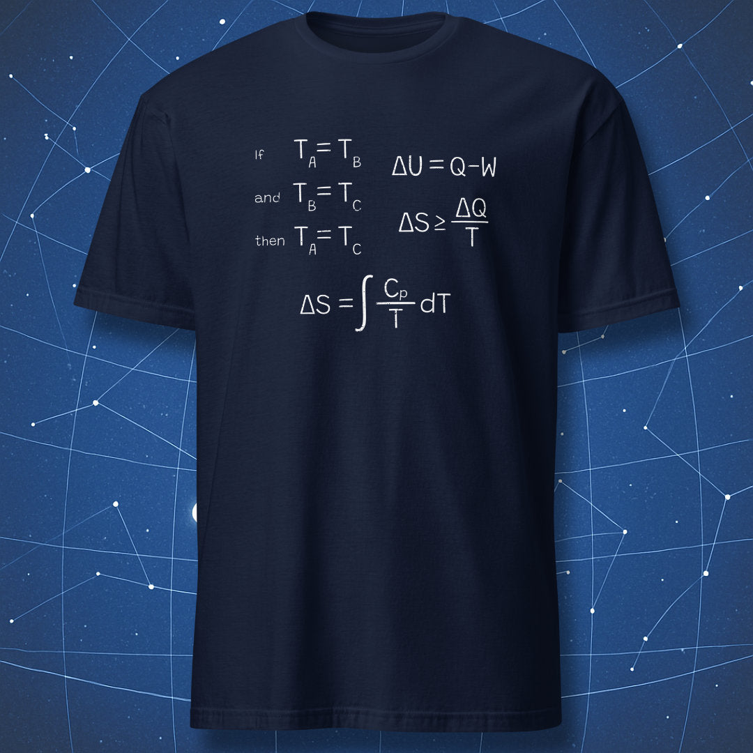 Navy t-shirt featuring white thermodynamics formulas and entropy integral design for physics lovers.