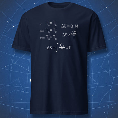 Navy t-shirt featuring white thermodynamics formulas and entropy integral design for physics lovers.