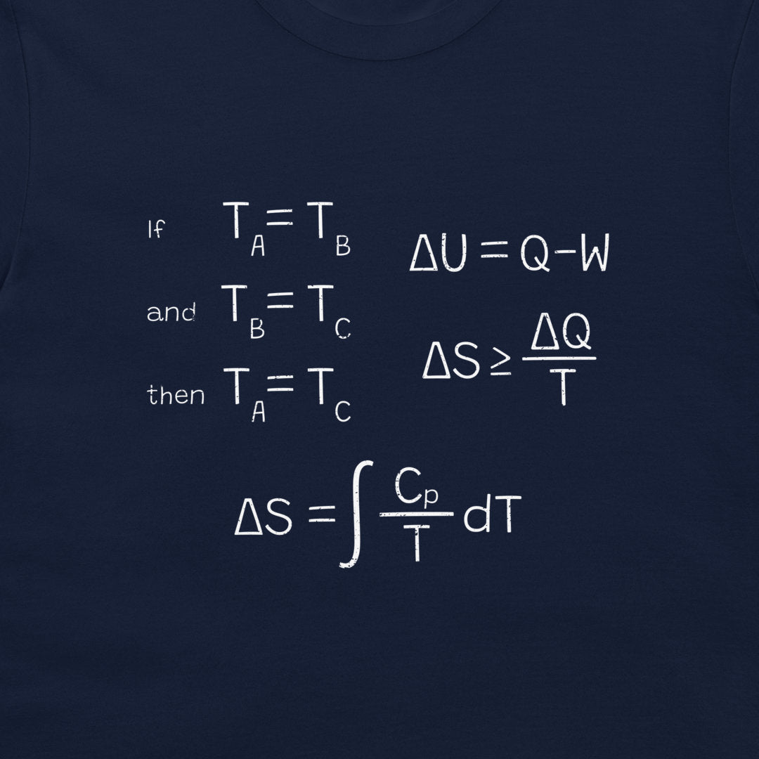 A close-up of a navy blue garment, likely a t-shirt, featuring a white printed physics formula related to entropy and temperature.
