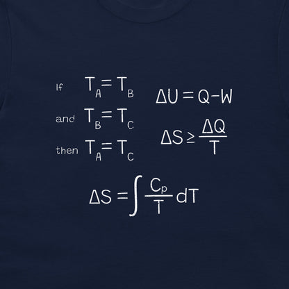 A close-up of a navy blue garment, likely a t-shirt, featuring a white printed physics formula related to entropy and temperature.