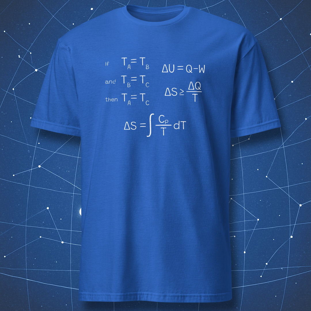 Royal blue t-shirt with white thermodynamics equations, including energy, entropy, and heat capacity formulas.