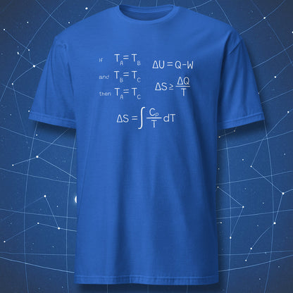 Royal blue t-shirt with white thermodynamics equations, including energy, entropy, and heat capacity formulas.