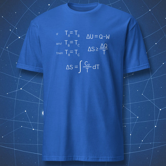 Royal blue t-shirt with white thermodynamics equations, including energy, entropy, and heat capacity formulas.
