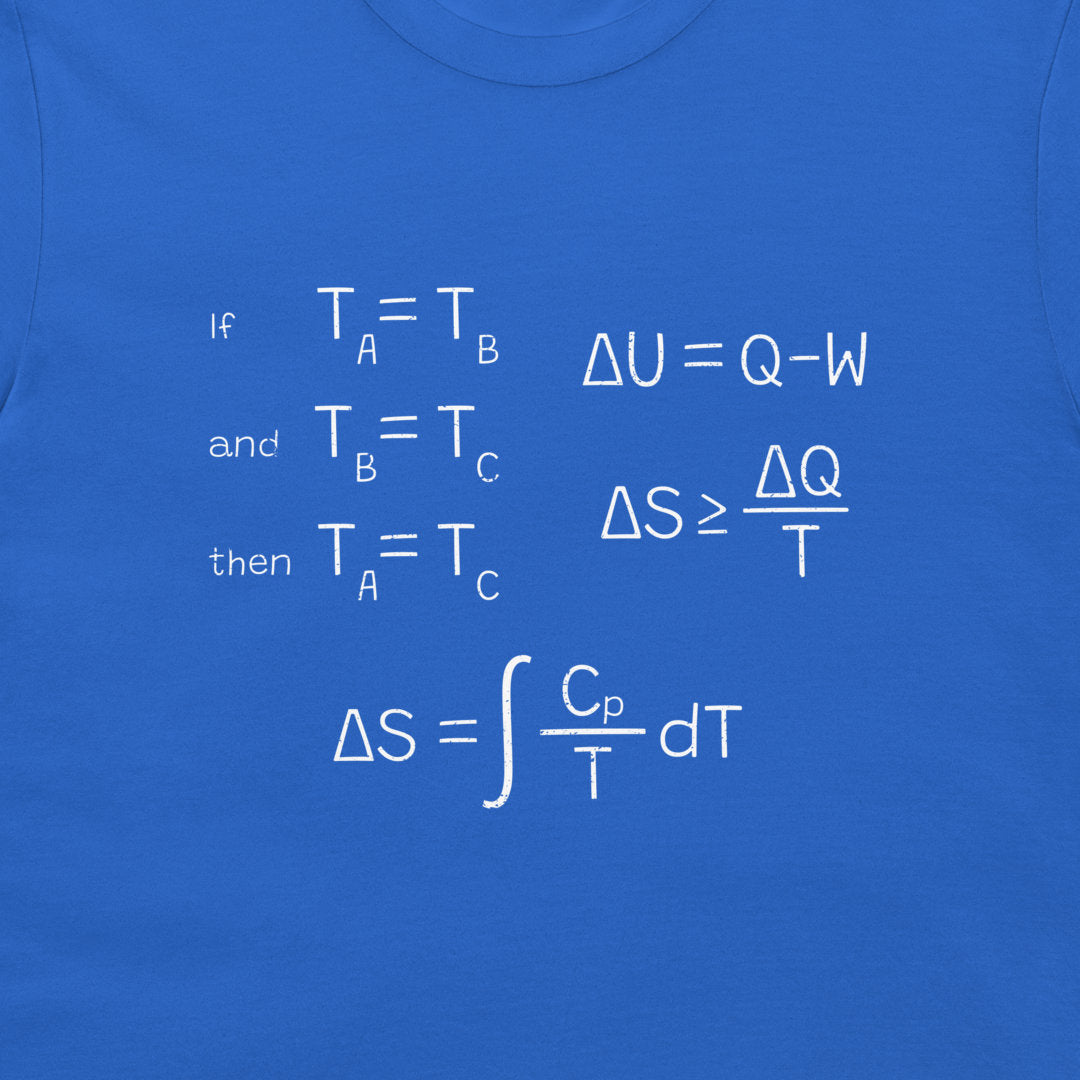 A close-up of a blue T-shirt with white printed thermodynamics equations and text on the chest.