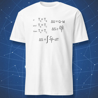 White t-shirt with black thermodynamics equations graphic showing ΔU, ΔS, and entropy integral.