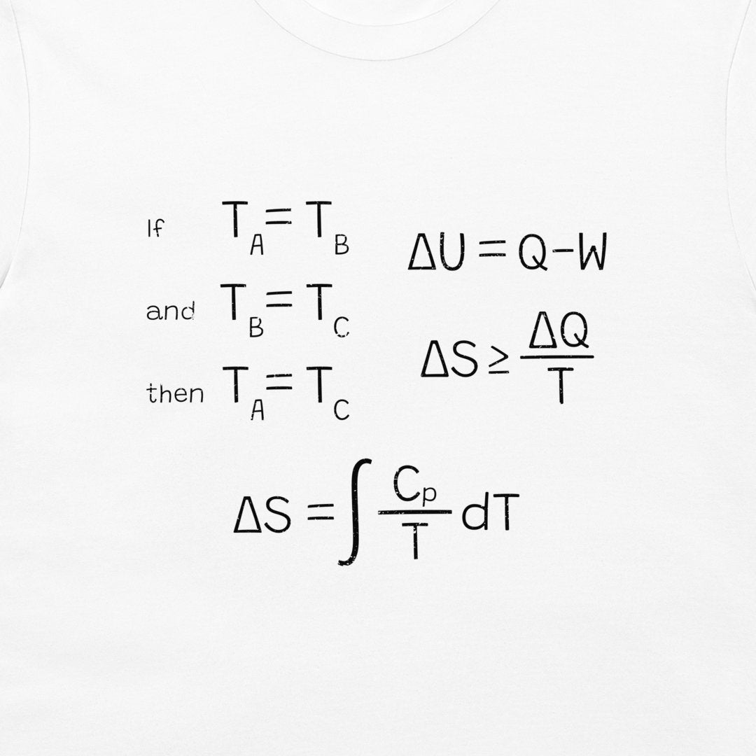 A white short-sleeve t-shirt featuring a black printed thermodynamics formula sheet on the front, detailing entropy and heat transfer equations.