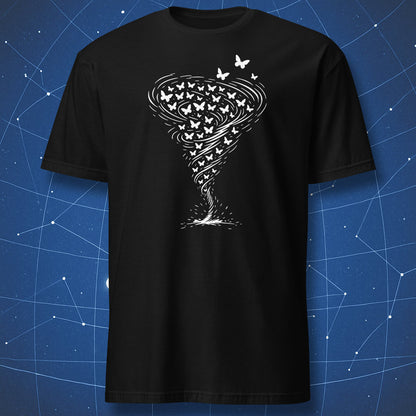 Black t-shirt with white butterfly tornado vortex design, chaos theory artwork.
