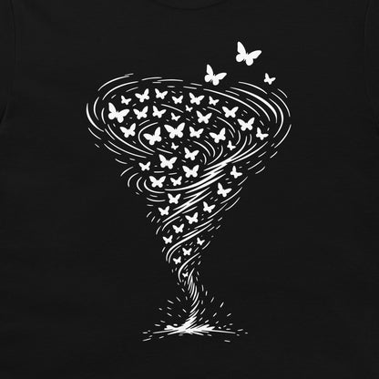 A black t-shirt featuring a white graphic print of a tornado made of swirling lines and butterflies, with several butterflies flying around it.