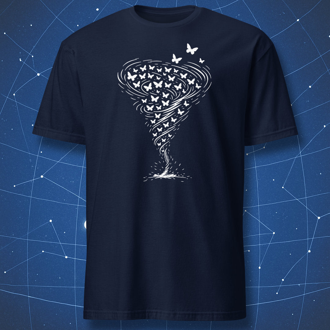 Navy t-shirt featuring white butterfly tornado swirl made of butterflies.