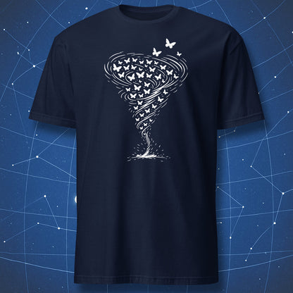 Navy t-shirt featuring white butterfly tornado swirl made of butterflies.