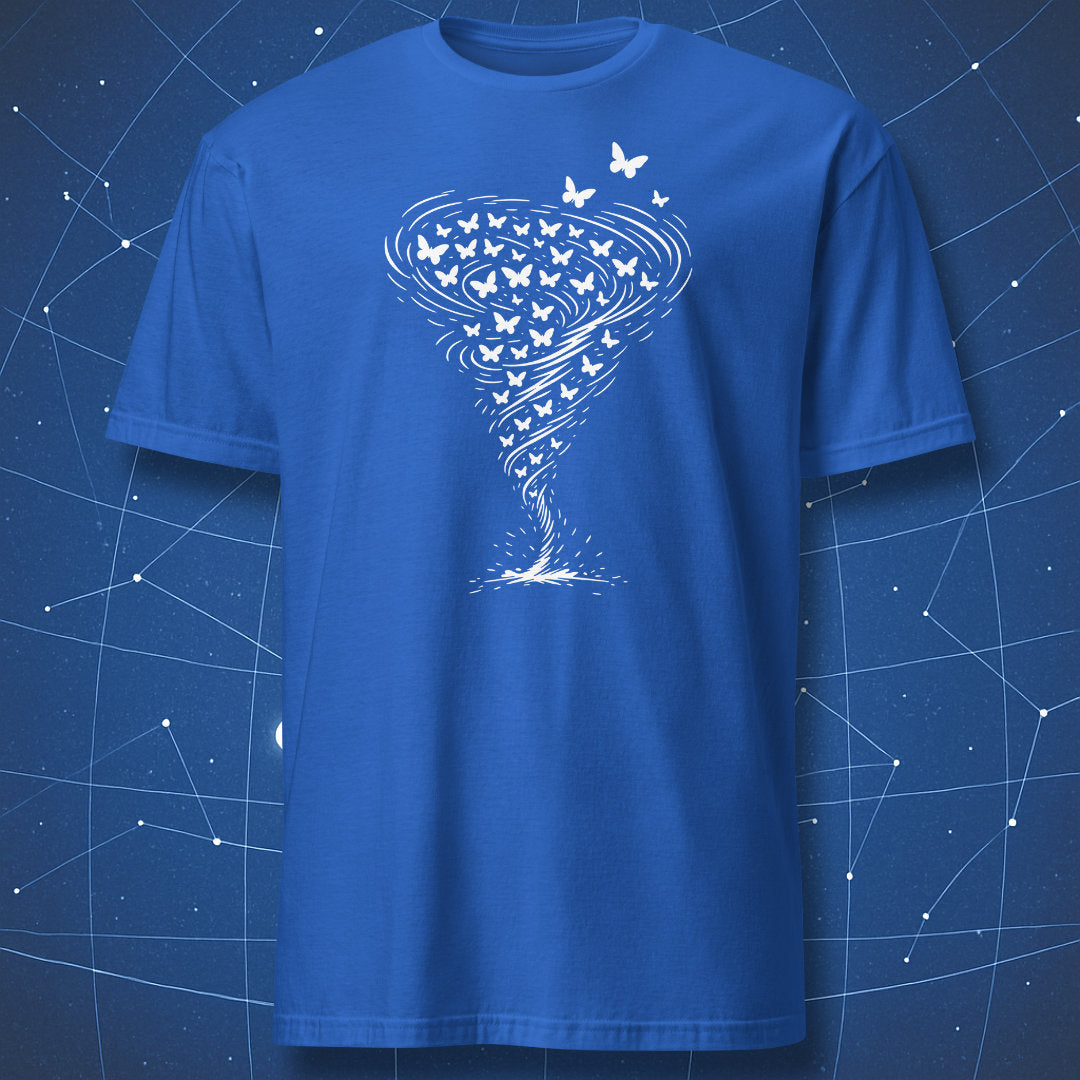 Royal blue t-shirt with artistic butterfly twister design in white.