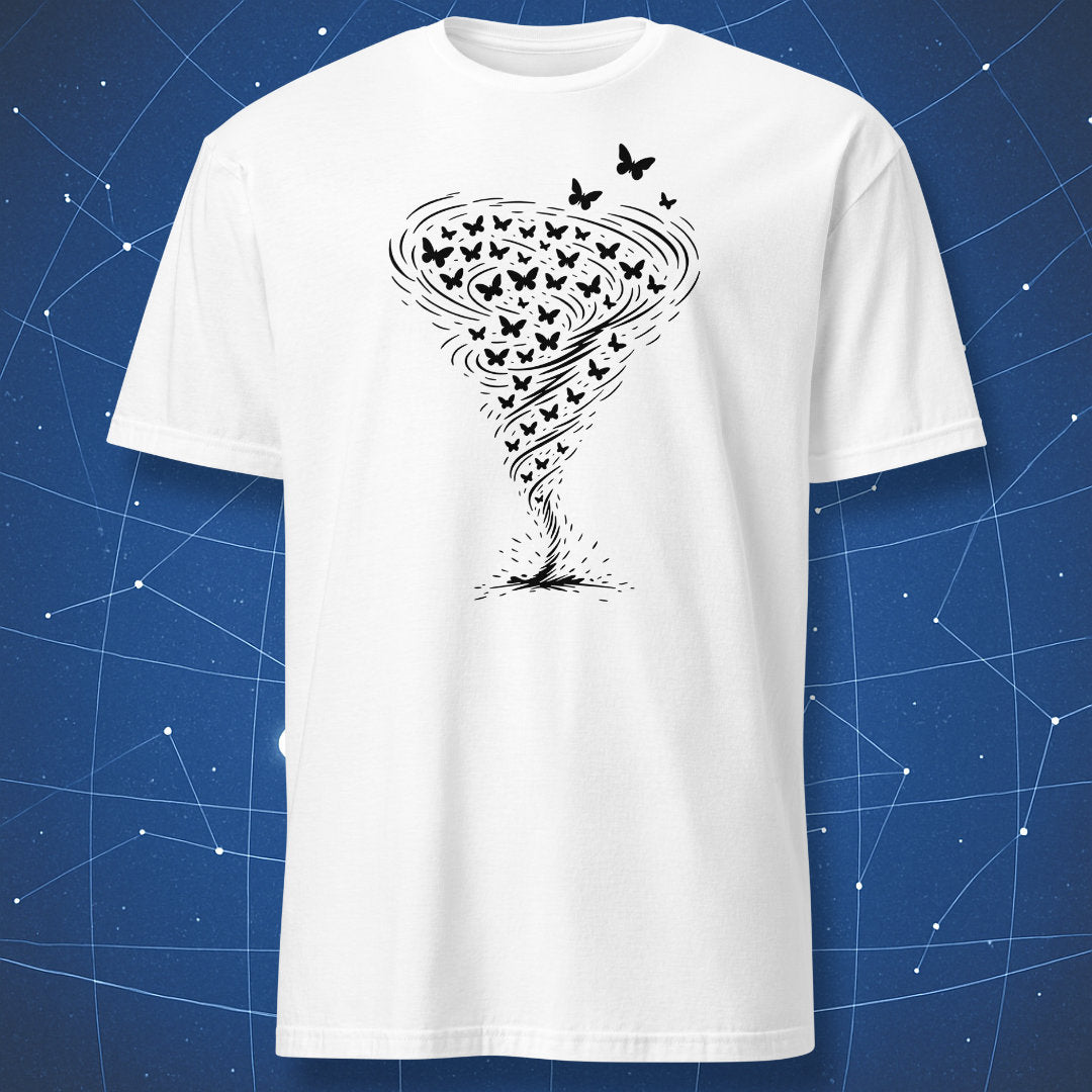White t-shirt with black butterfly tornado illustration inspired by butterfly effect.