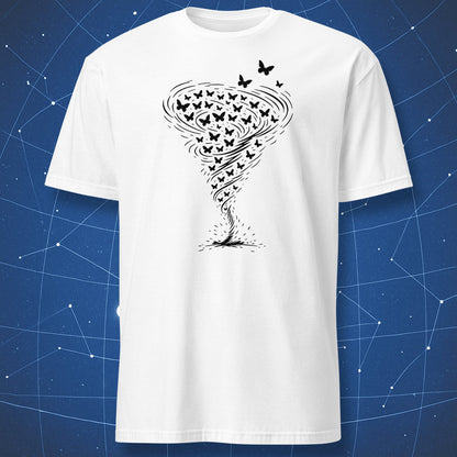 White t-shirt with black butterfly tornado illustration inspired by butterfly effect.