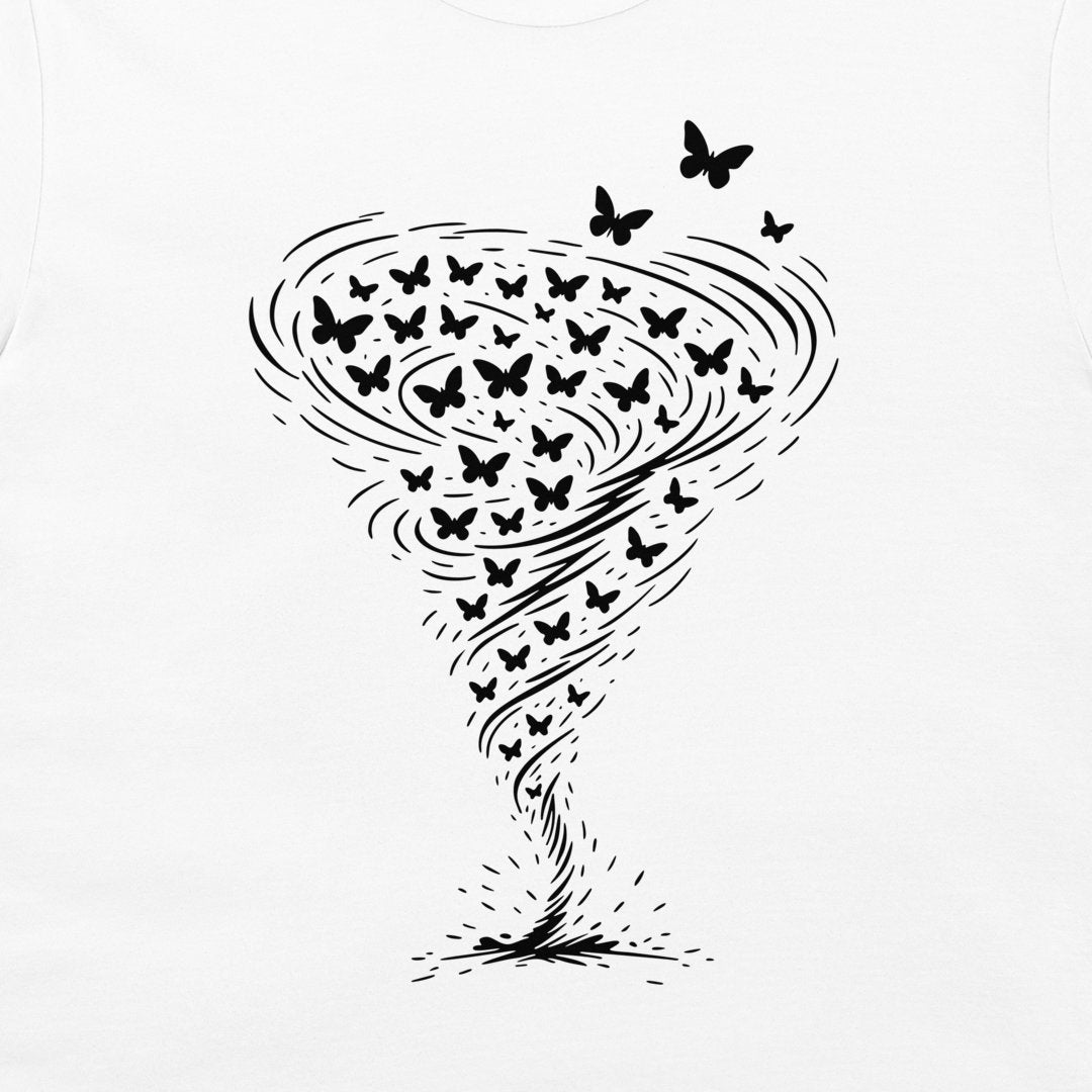 A white t-shirt featuring a black graphic print of a tornado made of swirling lines and numerous butterflies.