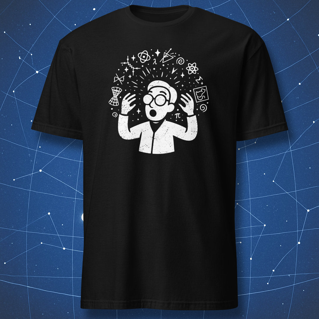 Black T-shirt with white cartoon scientist having a mind-blown moment, surrounded by math and science symbols.