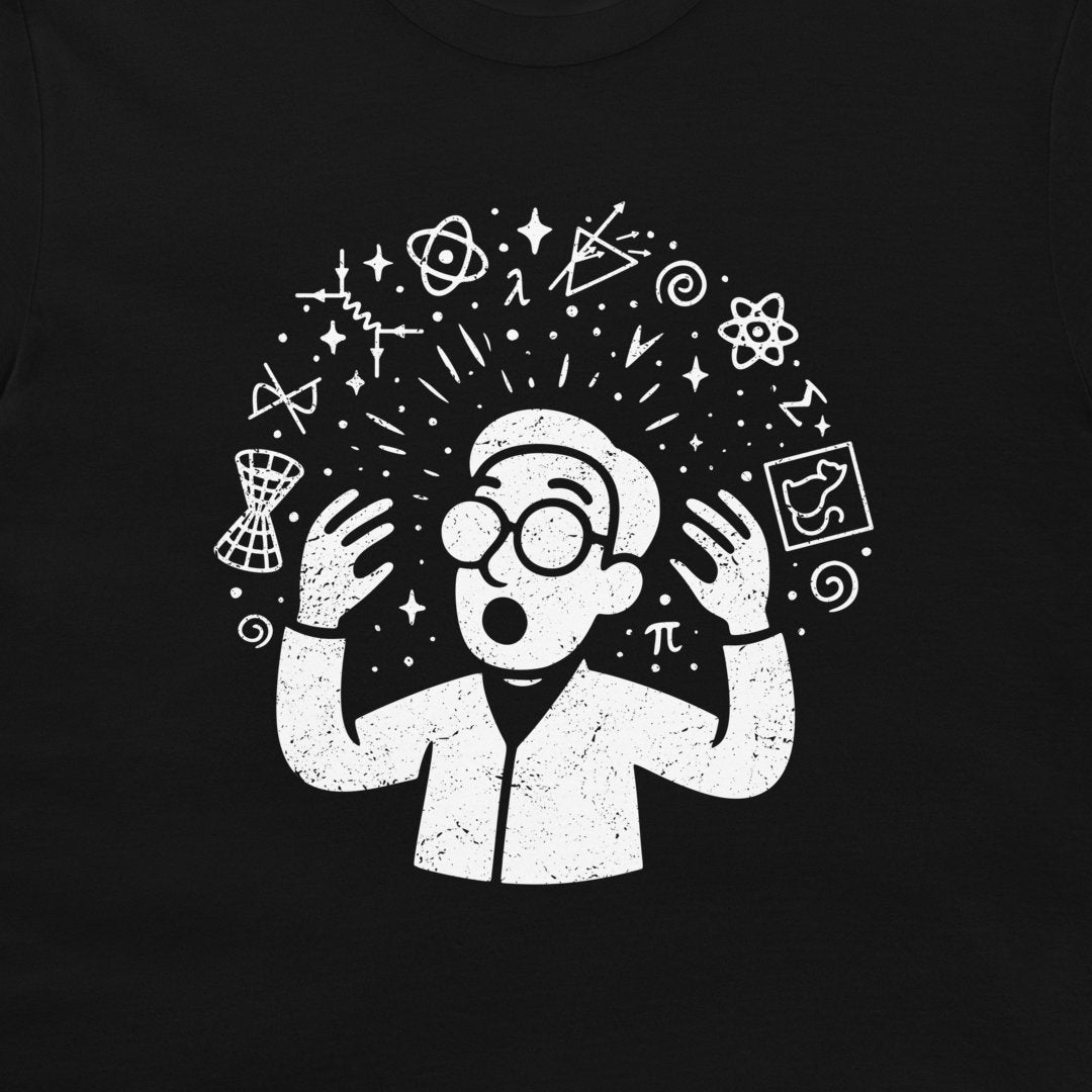 A black t-shirt featuring a white distressed graphic of a scientist with glasses and an excited expression, surrounded by scientific symbols and icons like pi, e, and an atom.