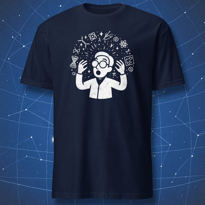 Navy T-shirt featuring white mind-blown scientist graphic with swirling math and science icons.