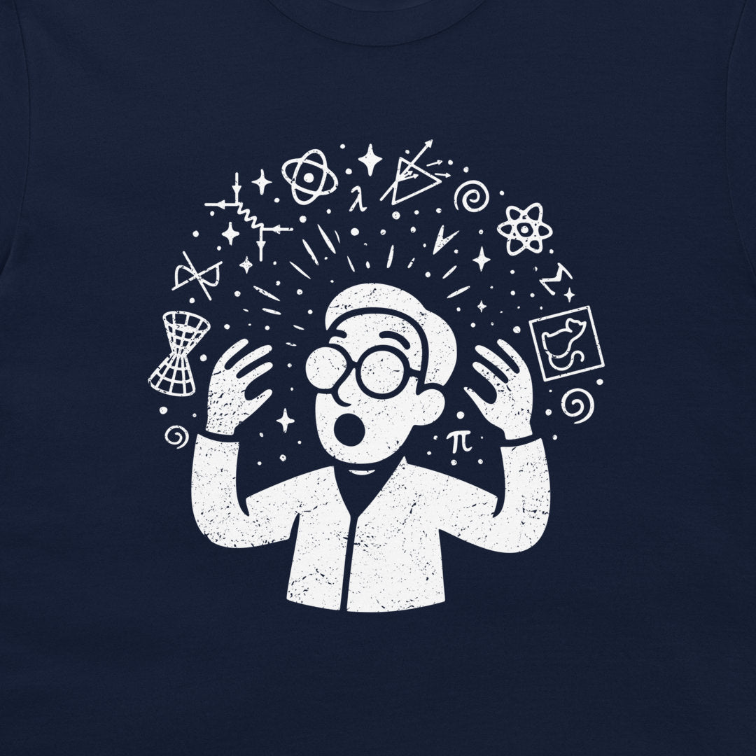A navy blue t-shirt featuring a white distressed graphic of a scientist with glasses and a shocked expression, surrounded by scientific symbols and icons like atoms, a telescope, and a pi symbol.