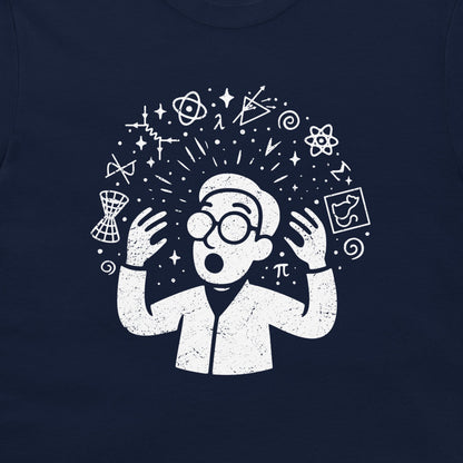 A navy blue t-shirt featuring a white distressed graphic of a scientist with glasses and a shocked expression, surrounded by scientific symbols and icons like atoms, a telescope, and a pi symbol.