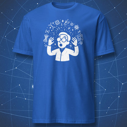 Royal blue T-shirt with bold white cartoon scientist and exploding science symbols.