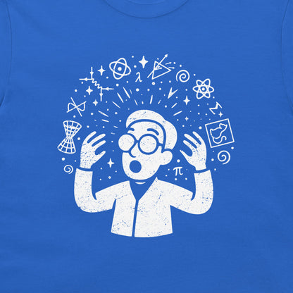 A close-up of a royal blue t-shirt featuring a white distressed graphic of a scientist with glasses and lab coat surrounded by science symbols like atoms, a telescope, and a pi symbol.