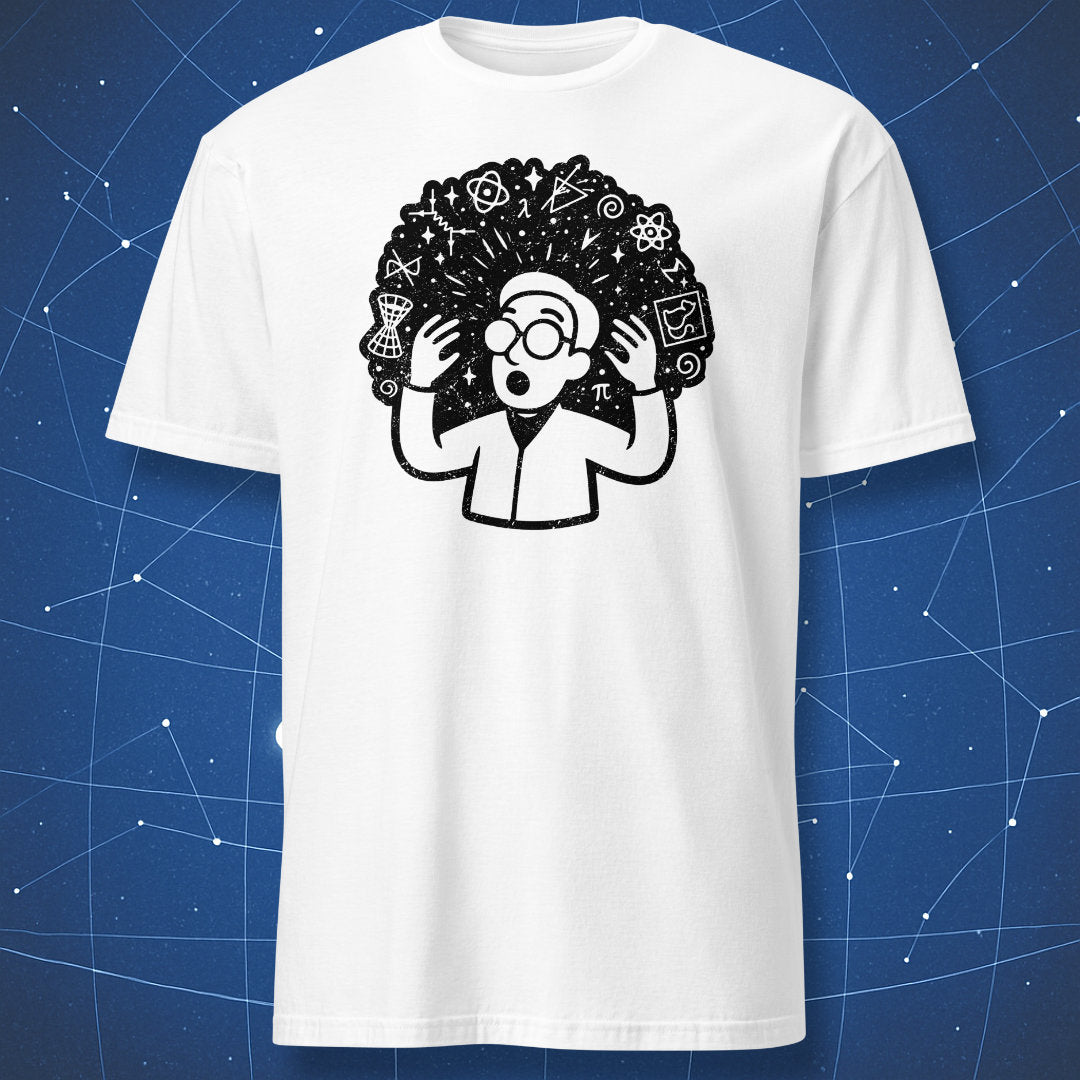 White T-shirt with black mind-blown scientist graphic and surrounding science and math symbols.