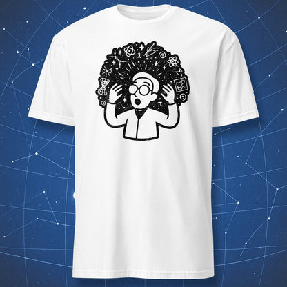 White T-shirt with black mind-blown scientist graphic and surrounding science and math symbols.