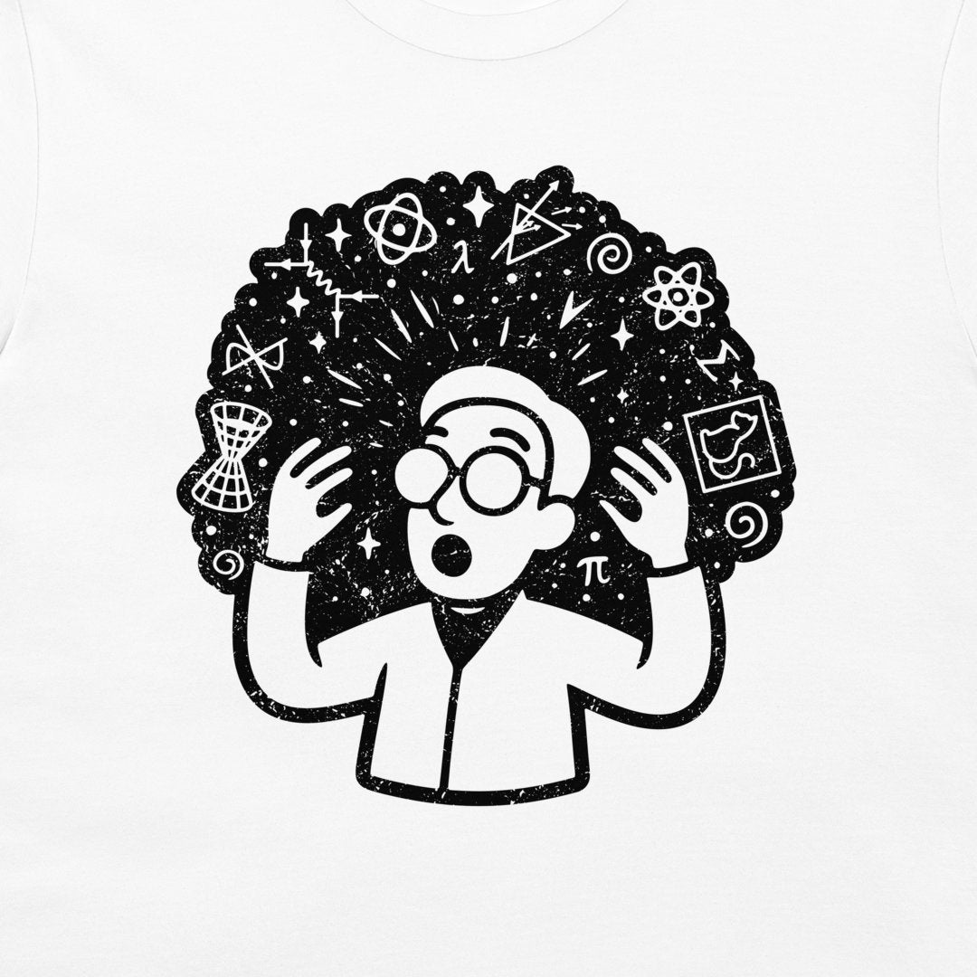 A white crewneck t-shirt featuring a black distressed graphic of a scientist with glasses and an excited expression, surrounded by scientific symbols and icons like pi, lambda, and an atom.