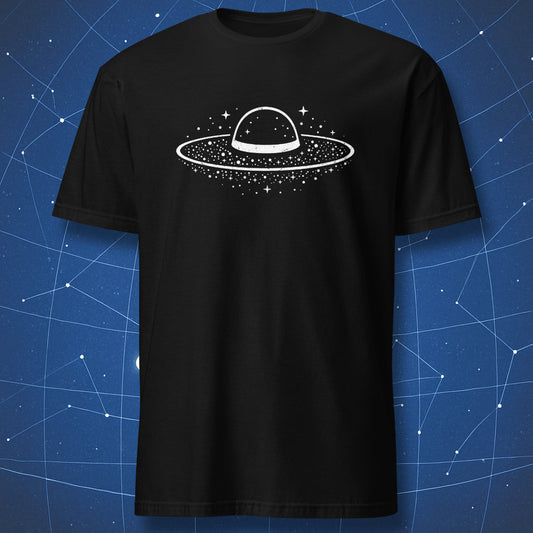 Sombrero Galaxy hat-style minimalist design on black T-shirt