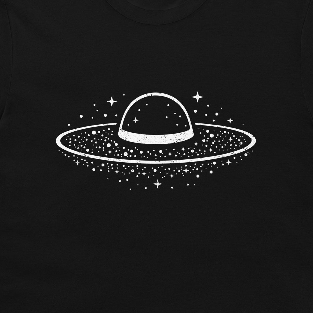 A close-up of a sombrero Galaxy hat-style minimalist design on black T-shirt