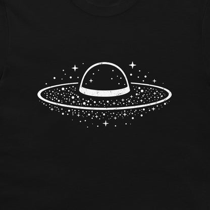 A close-up of a sombrero Galaxy hat-style minimalist design on black T-shirt